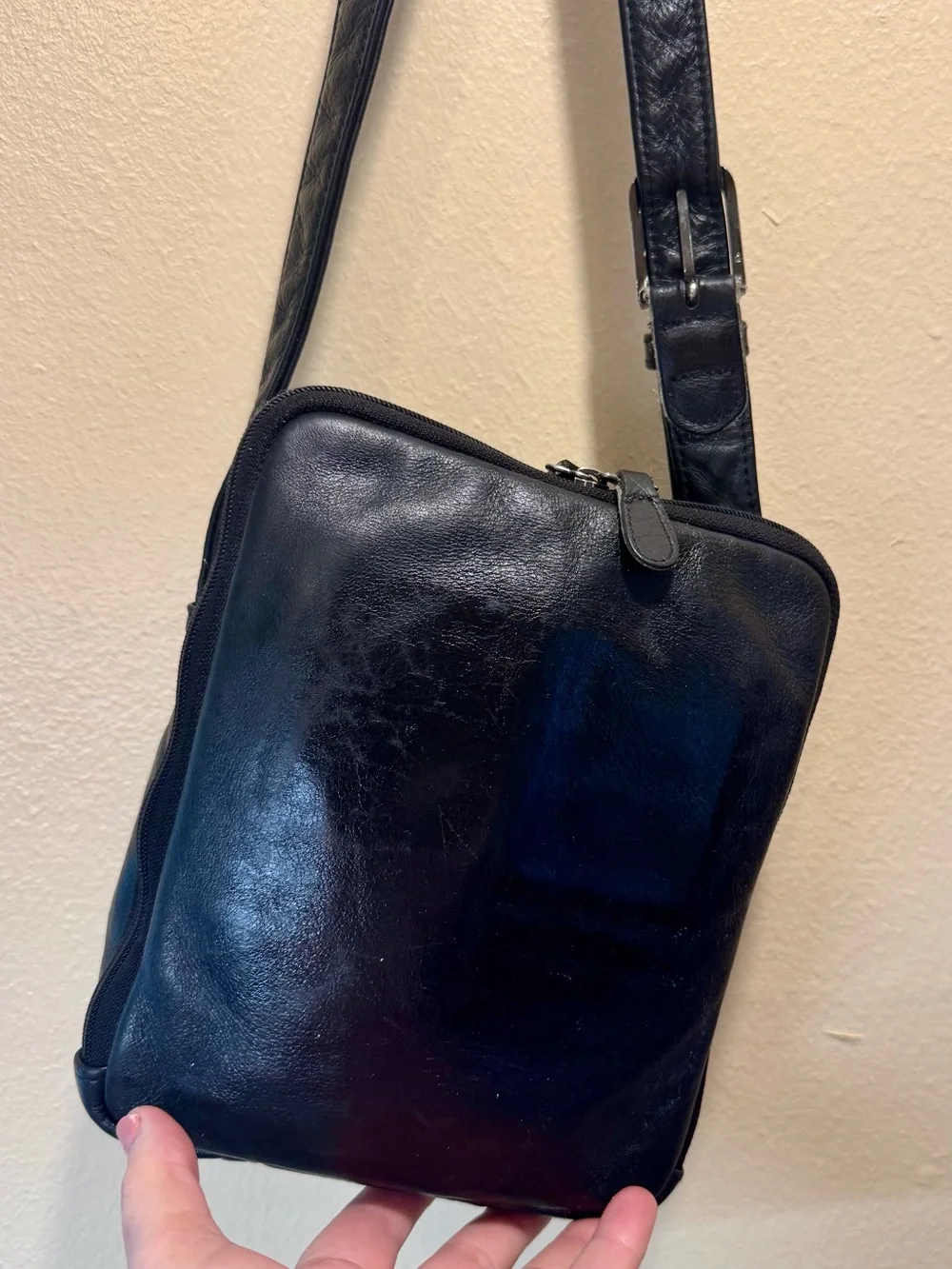 SAS Black Leather Messenger Crossbody Bag